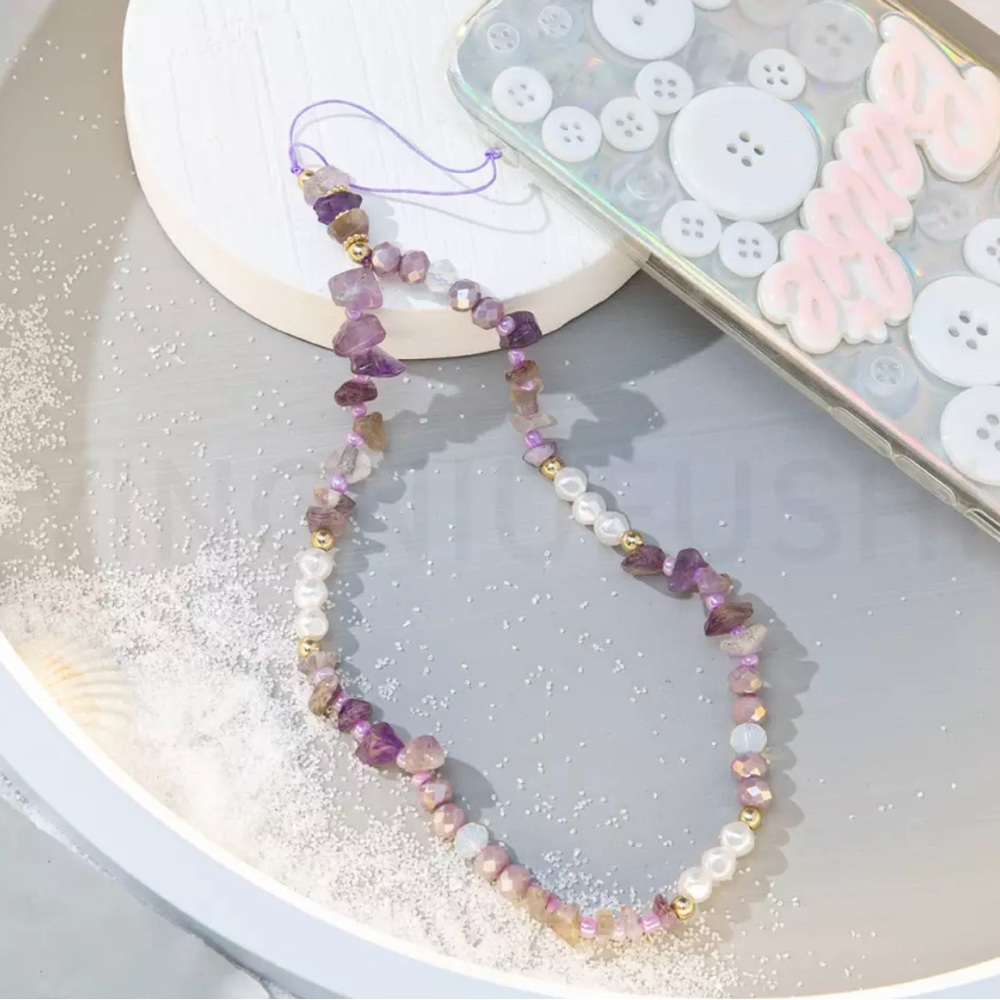cute girly phone charm with crystal amethyst pearls
